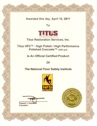 NSFI certificate for Titus Hybrid Polished Concrete